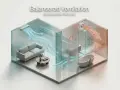 Illustration visar balanserad ventilation i ett hem. Frisk luft tillförs till vardagsrummet, medan fuktig luft från badrummet ventileras ut.
