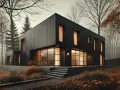 Modern villa i skogen, med stora fönster och mörka fasader. Kanske en framtida stambyte villa?