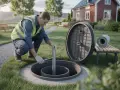 Arbetare inspekterar en trekammarbrunn med infiltration. Ett hus syns i bakgrunden.