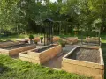 Flera nybyggda odlingslådor med botten står redo för plantering i en lummig trädgård.