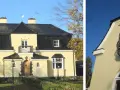 Gult hus med spritputsad fasad, svart tak, balkong och vackra fönster.