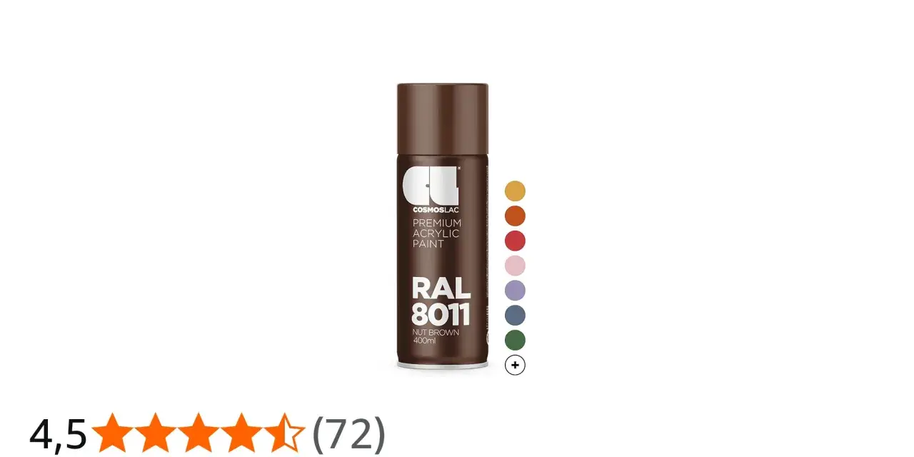 Brun metallsprayburk, Cosmoslac Premium Acrylic Paint, RAL 8011 Nut Brown. Bredvid burken syns en rad färgcirklar.