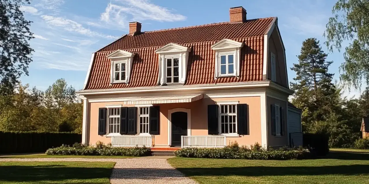 Ett vackert hus med brutet tak och tegeltak. Grönskande trädgård och en grusgång leder fram till entrén.