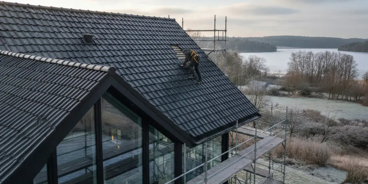 Arbetare på taket av ett modernt hus med svarta takpannor. Vindskivor huset är i fokus. Vinterlandskap med isig sjö i bakgrunden.