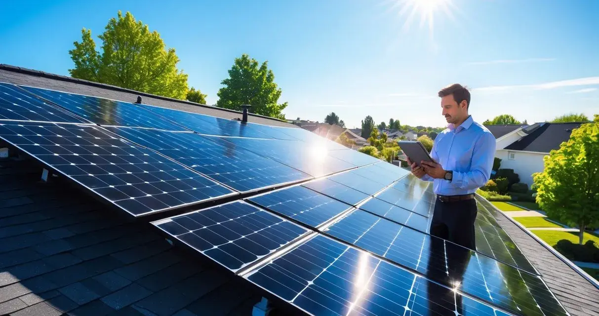 Man på tak med solceller kollar på surfplatta. Undrar du vad kostar 50 kvm solceller?