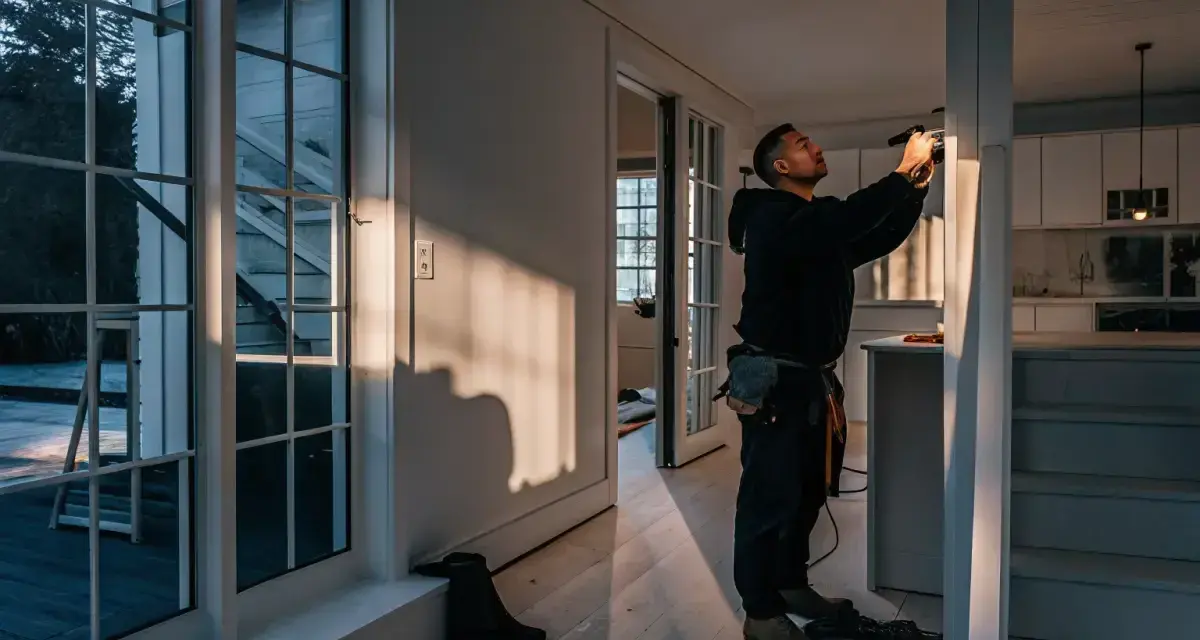 Man arbetar med eldstad inomhus. Solen lyser in genom stora fönster och skapar långa skuggor.