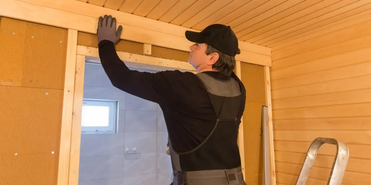 Man bygger bastu inomhus, monterar träpanel i taket.