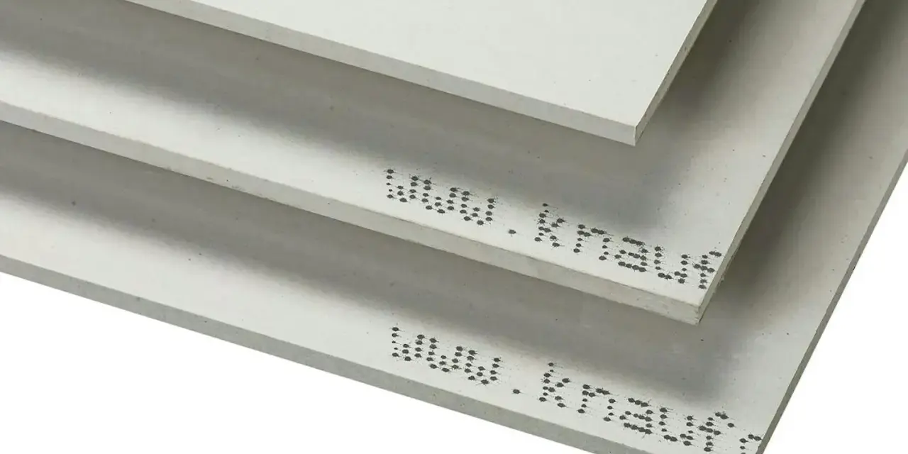 Tre staplade gipsskivor med texten "www.knauf" tryckt på kanten. Olika gipsskiva tjocklek kan ses.