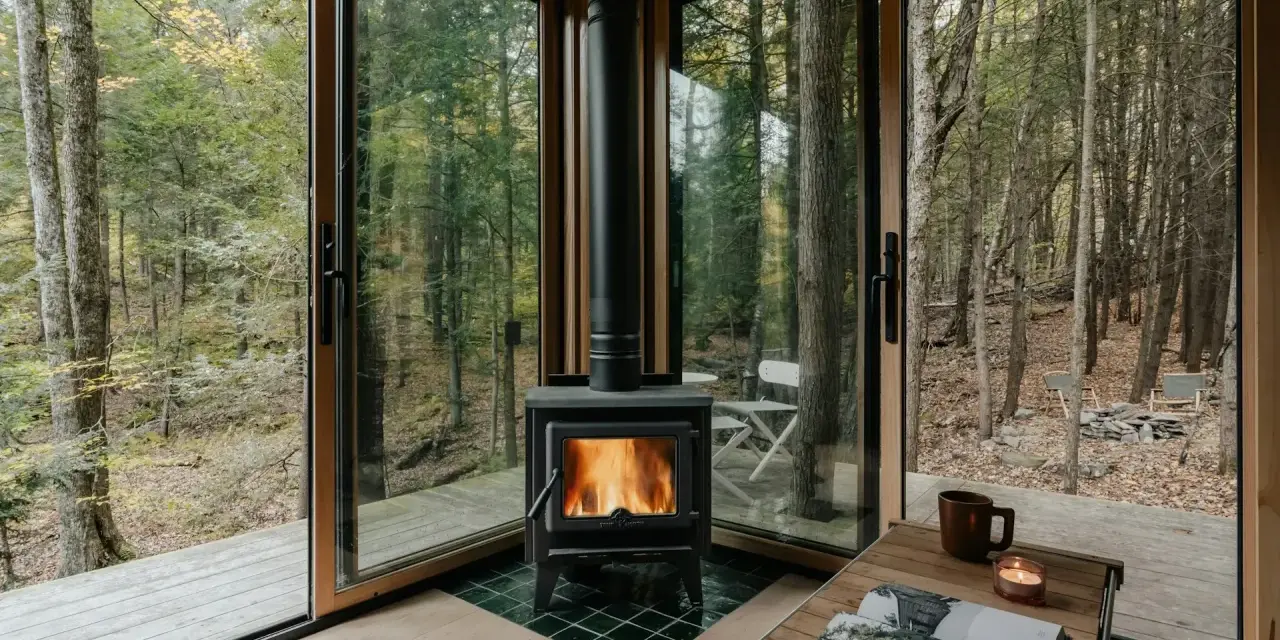 Mysig kamin i skogsstuga, perfekt för att värma sig. Undrar du över installera kamin pris?