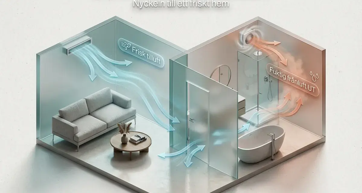 Illustration visar balanserad ventilation i ett hem. Frisk luft tillförs till vardagsrummet, medan fuktig luft från badrummet ventileras ut.