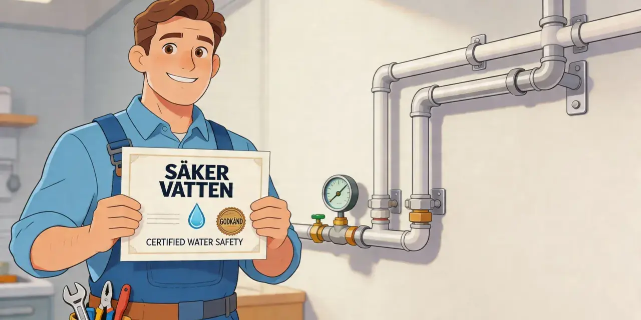 En rörmokare håller upp ett certifikat för "Säker Vatten" bredvid rör med tryckmätare.