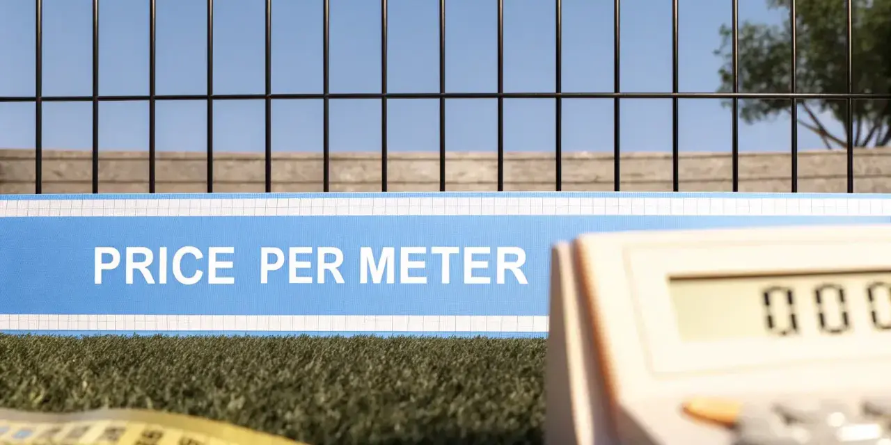 Grönt gräs, ett staket och en kalkylator. Skylten visar "PRICE PER METER", vilket indikerar staket pris per meter.