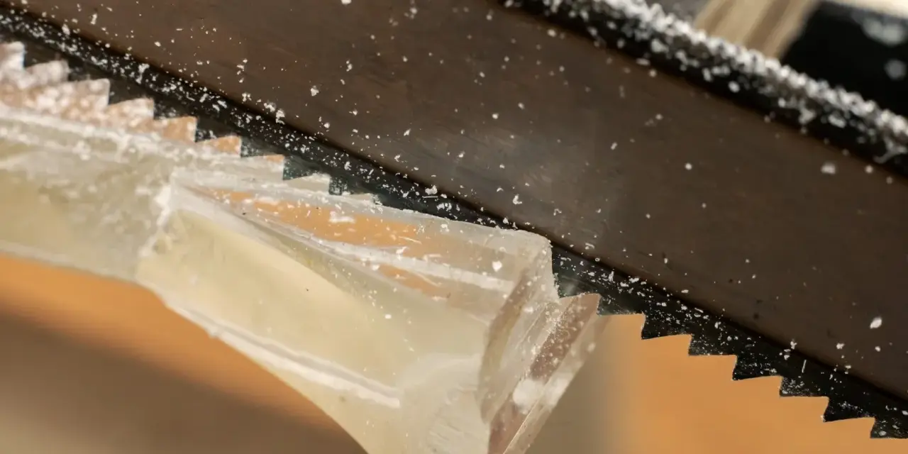 Sågtänder skär genom ett tjockt, klart material. Små bitar av materialet flyger iväg när man kapa plexiglas.