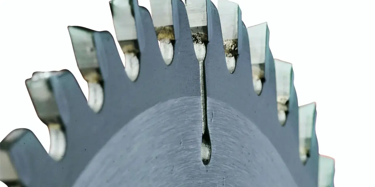 Närbild på ett cirkelsågblad med vassa tänder, redo att såga aluminium.