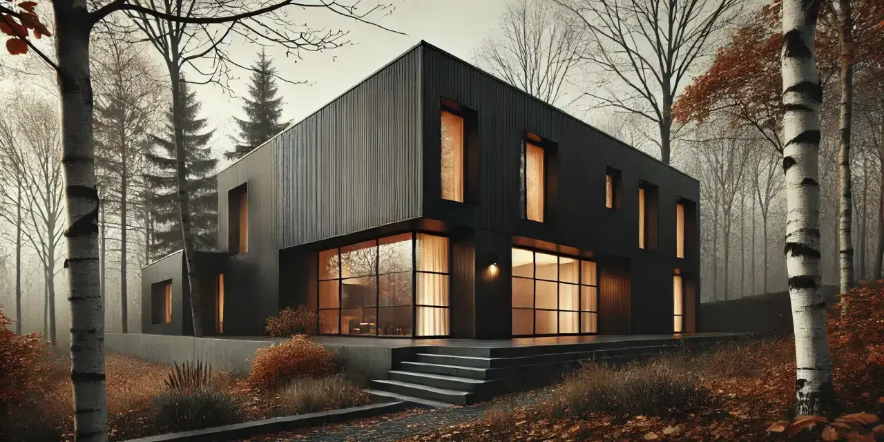 Modern villa i skogen, med stora fönster och mörka fasader. Kanske en framtida stambyte villa?