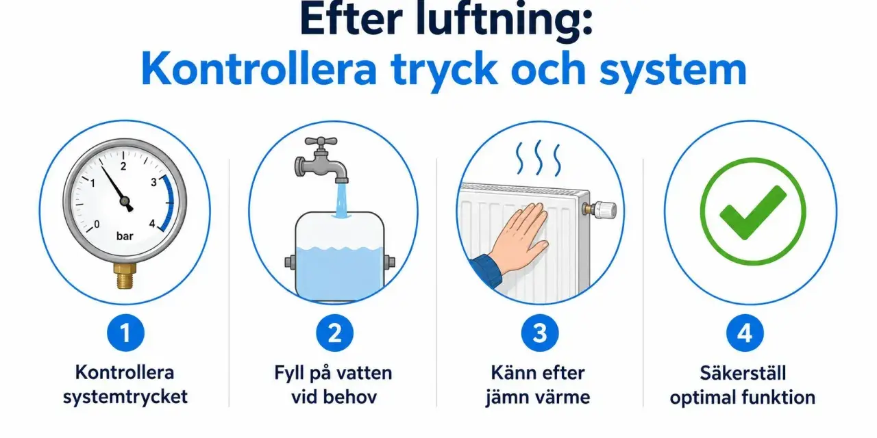 Kontrollera tryck och system efter att du har lufta element. Fyll på vatten, känn efter jämn värme och säkerställ optimal funktion.