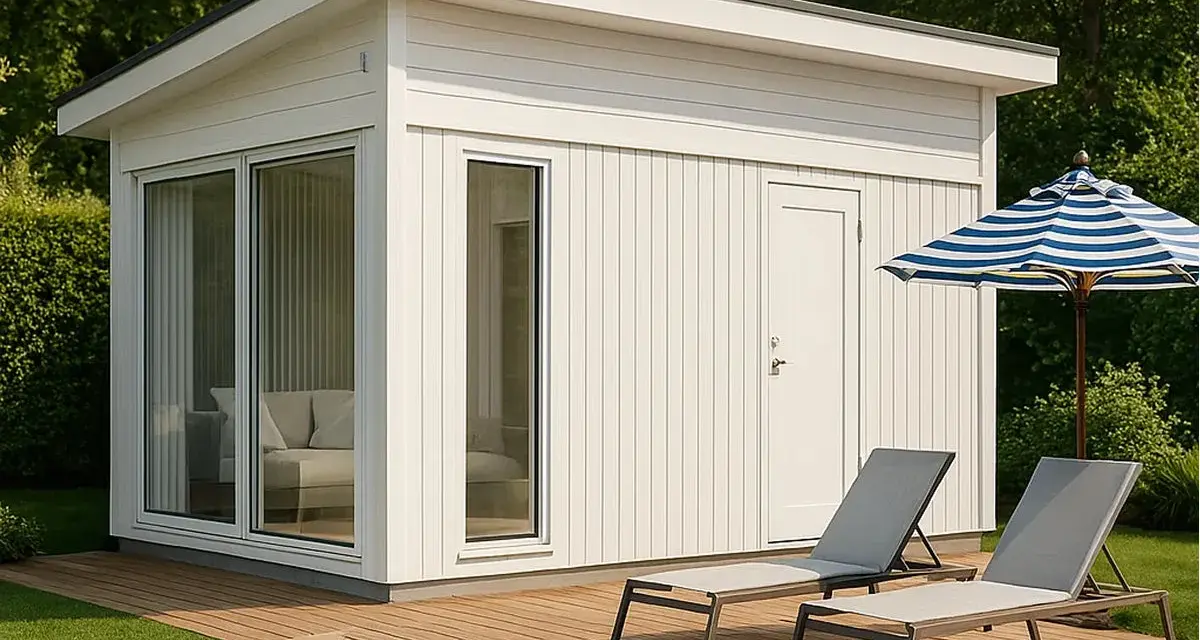 Modernt poolhus med stora fönster och dörr, perfekt för att bygga poolhus. Två solstolar och ett parasoll står på trädäcket.