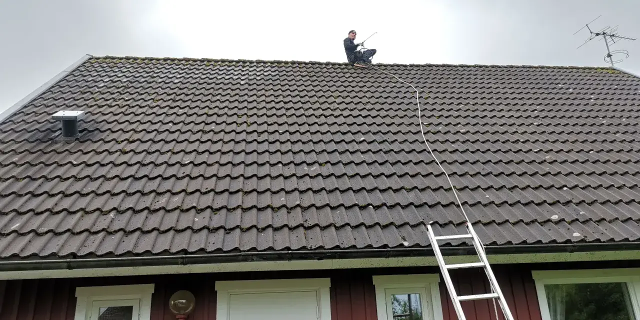 En person sitter på ett tegeltak med en stege bredvid. Taket är täckt av mossa, vilket gör det svårt att avgöra hur många tegelpannor per kvadratmeter som används.