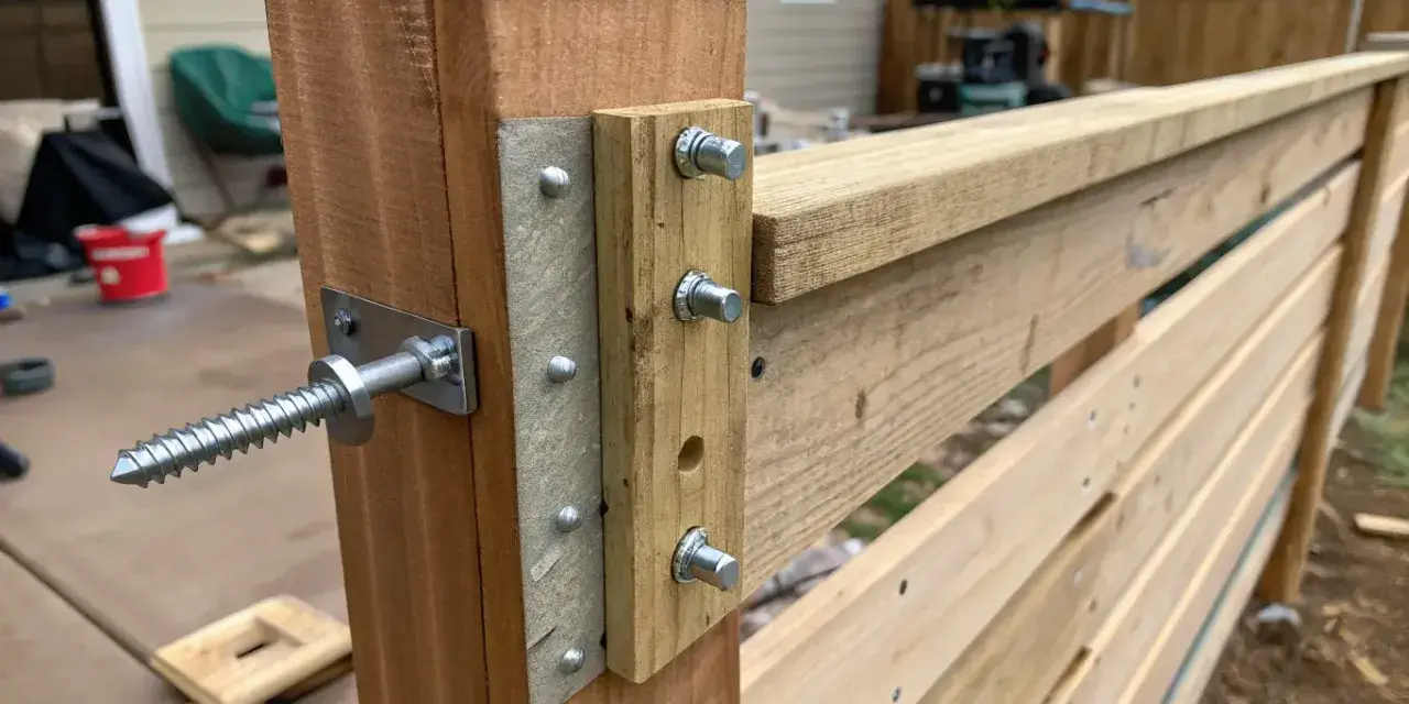 Detaljbild av hur man bygger plank med liggande panel. En kraftig skruv fäster stolpen, medan bultar håller panelen på plats.