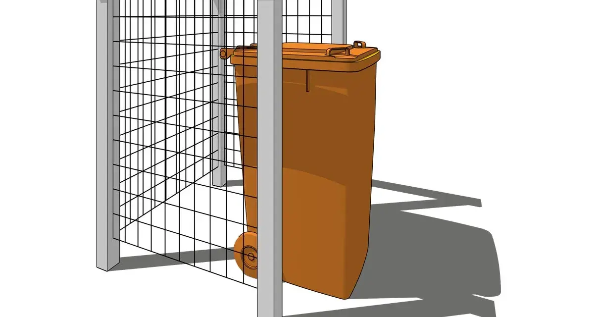 Enkel design för att bygga soptunneskydd med ett ställverk av metall och ett orange sopkärl.