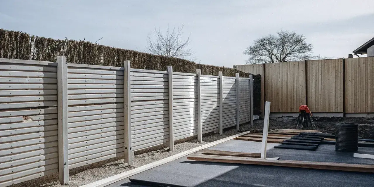 Byggarbetsplats med nya plintar och ett staket som håller på att monteras. Material ligger utspritt på marken.