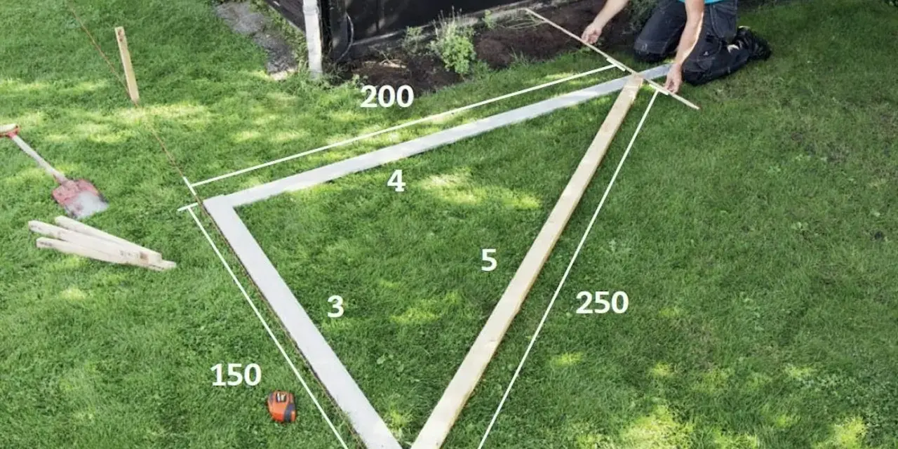Man mäter upp en 90 grader vinkel bygggrund på gräsmattan med måttband och träreglar.
