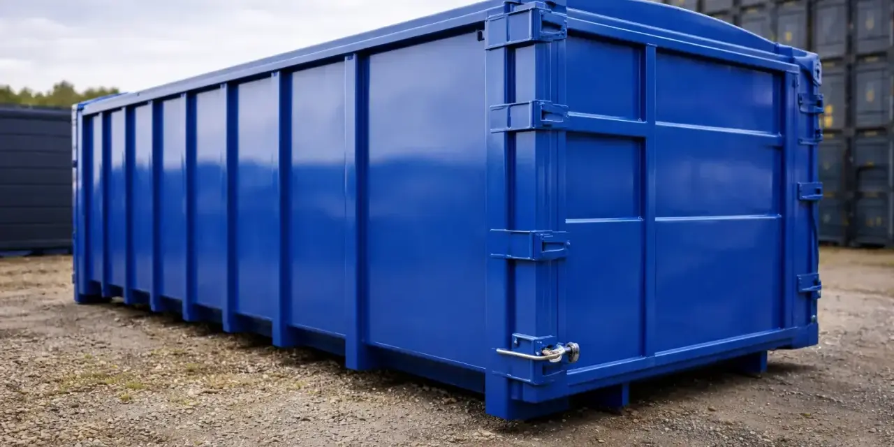 En stor, blank blå container står på grus. Den är redo att måla och förberedd för transport.