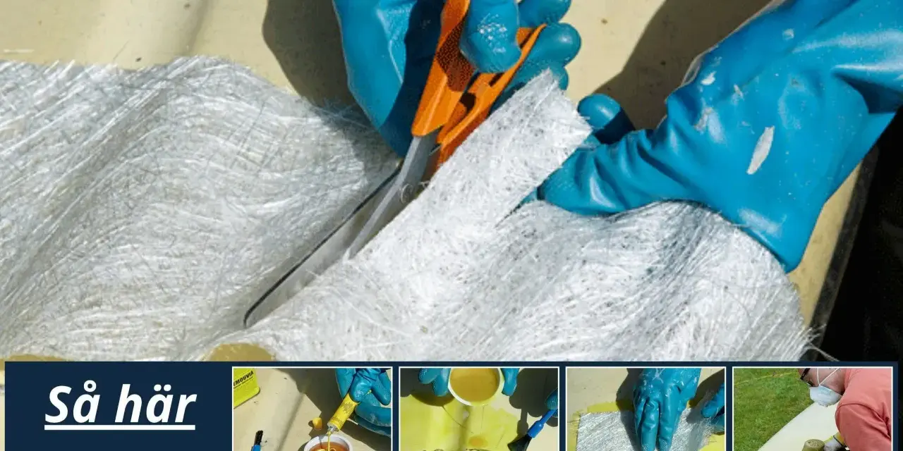 Här visas steg för att laga glasfiber. En person klipper glasfiberväv med en orange sax.