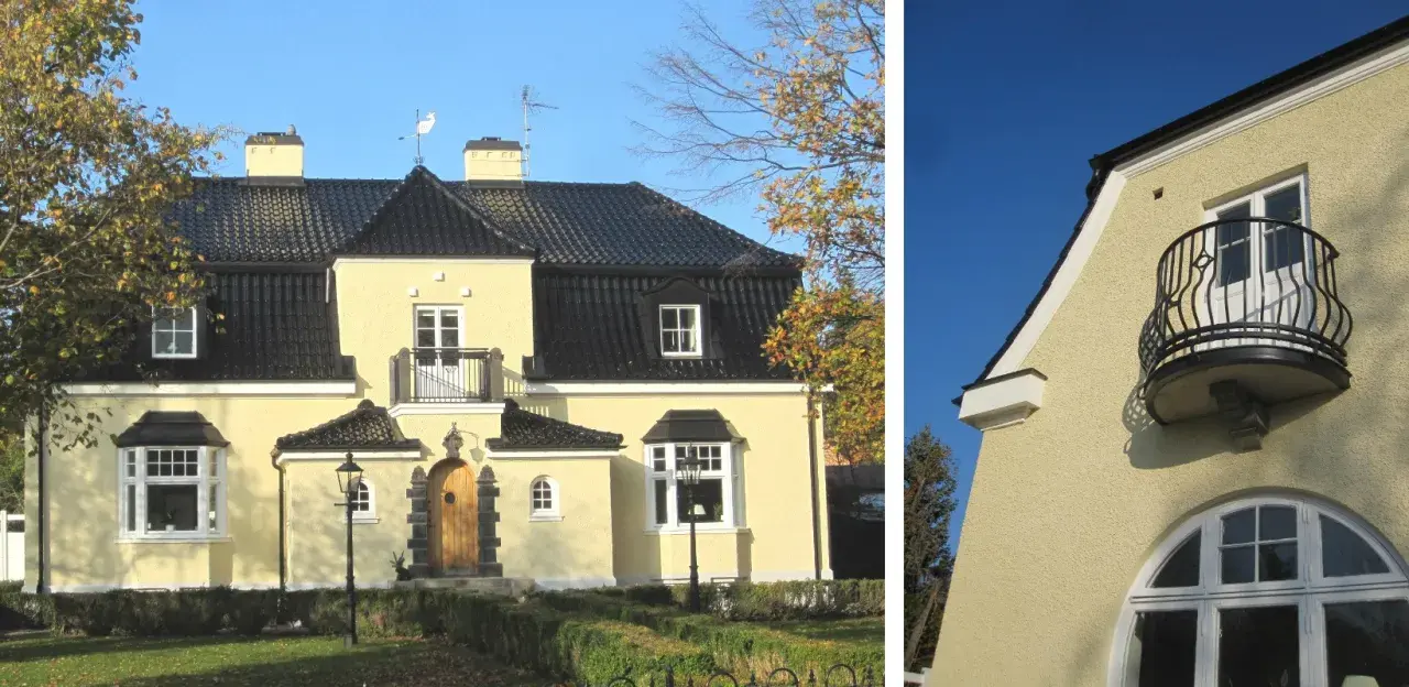 Gult hus med spritputsad fasad, svart tak, balkong och vackra fönster.