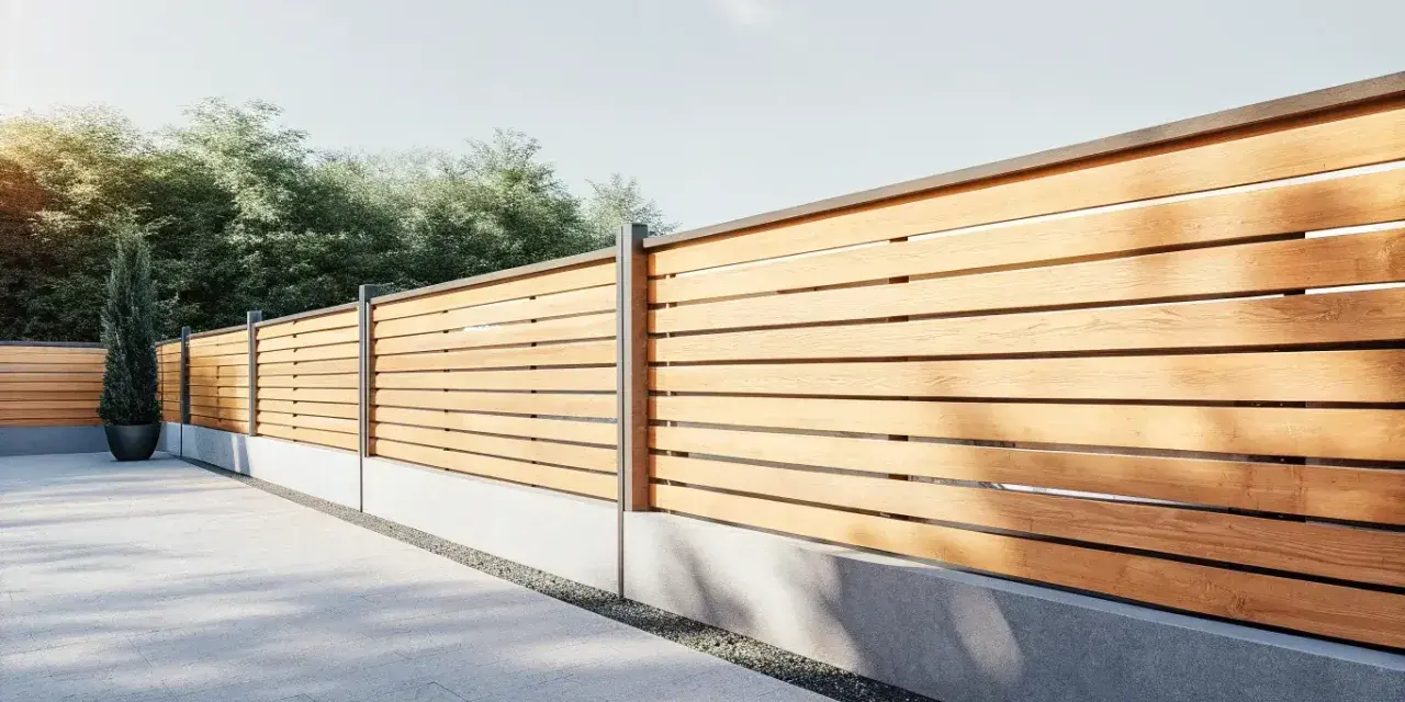 Ett modernt dubbelsidigt plank stående med horisontella träribbor och grå betongfundament. En smal cypress i kruka står vid staketet.