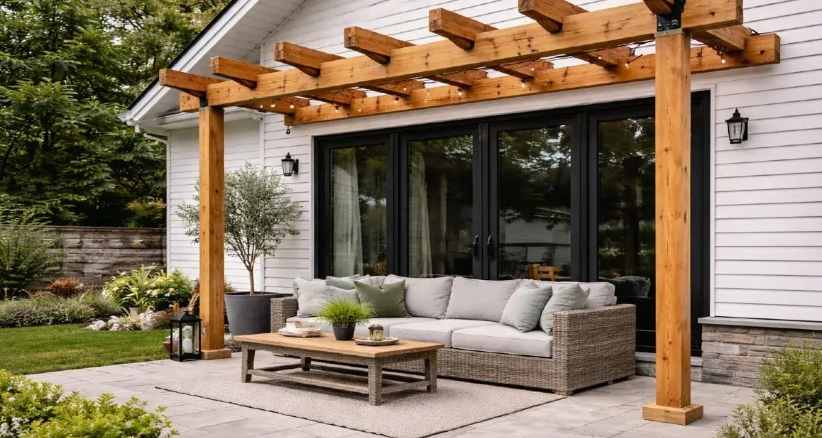 En mysig uteplats med en träpergola, bekväm soffa och ett lågt bord. En vildvin pergola skulle passa perfekt här.