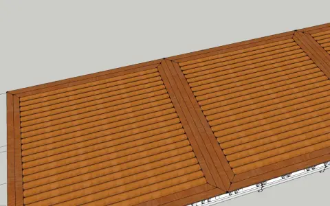 En vy av ett tak med träpanel, en fris trall som löper längs kanten.