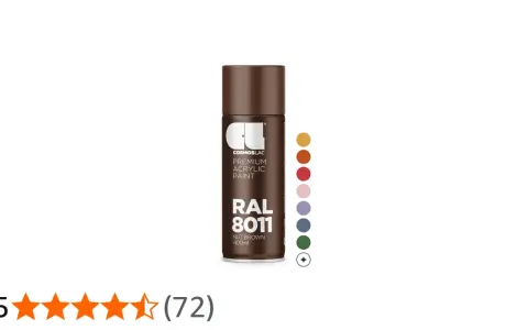 Brun metallsprayburk, Cosmoslac Premium Acrylic Paint, RAL 8011 Nut Brown. Bredvid burken syns en rad färgcirklar.