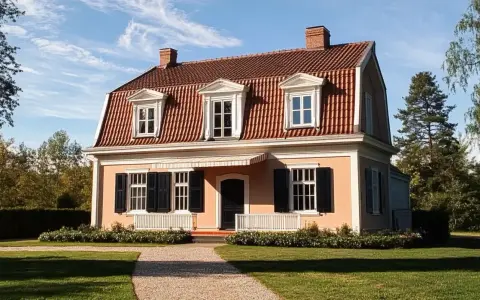 Ett vackert hus med brutet tak och tegeltak. Grönskande trädgård och en grusgång leder fram till entrén.