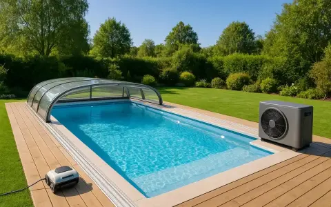 En pool med ett glastak, perfekt för att bygga eget pooltak. En värmepump står bredvid.