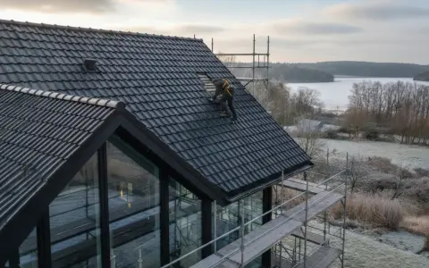 Arbetare på taket av ett modernt hus med svarta takpannor. Vindskivor huset är i fokus. Vinterlandskap med isig sjö i bakgrunden.