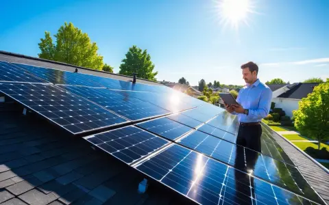 Man på tak med solceller kollar på surfplatta. Undrar du vad kostar 50 kvm solceller?