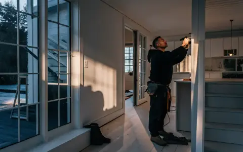 Man arbetar med eldstad inomhus. Solen lyser in genom stora fönster och skapar långa skuggor.