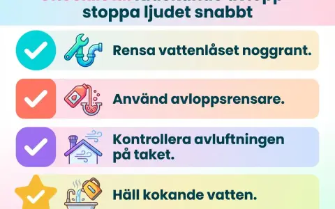 Checklista för kluckande avlopp: Rensa vattenlås, använd avloppsrensare, kontrollera takavluftning, häll kokande vatten.
