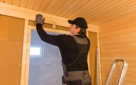 Man bygger bastu inomhus, monterar träpanel i taket.