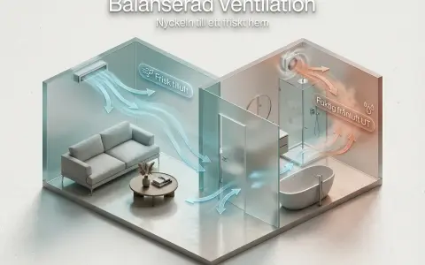 Illustration visar balanserad ventilation i ett hem. Frisk luft tillförs till vardagsrummet, medan fuktig luft från badrummet ventileras ut.