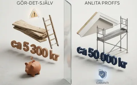 Jämförelse av att byta vindskivor själv med material och stege för ca 5300 kr, eller anlita proffs för ca 50 000 kr med garanti.