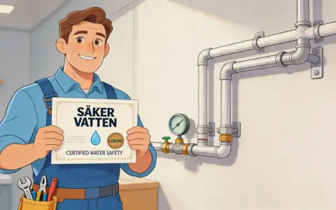 En rörmokare håller upp ett certifikat för "Säker Vatten" bredvid rör med tryckmätare.