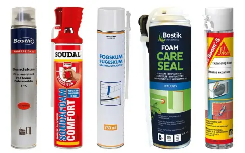 Flera burkar med lågexpanderande fogskum för olika ändamål, som Bostik, Soudal och Sika.