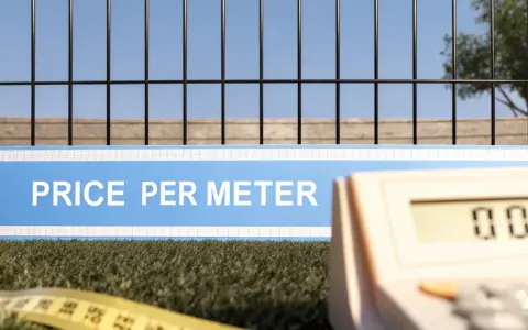Grönt gräs, ett staket och en kalkylator. Skylten visar "PRICE PER METER", vilket indikerar staket pris per meter.