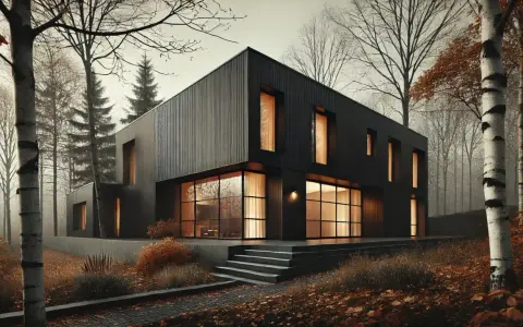 Modern villa i skogen, med stora fönster och mörka fasader. Kanske en framtida stambyte villa?