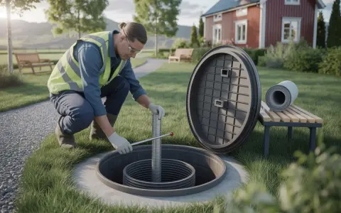 Arbetare inspekterar en trekammarbrunn med infiltration. Ett hus syns i bakgrunden.
