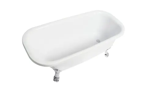 Ett vitt fristående badkar på lejontassar. Undrar du hur mycket rymmer ett badkar? Detta klassiska badkar är redo för ett avkopplande bad.