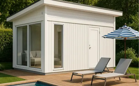 Modernt poolhus med stora fönster och dörr, perfekt för att bygga poolhus. Två solstolar och ett parasoll står på trädäcket.