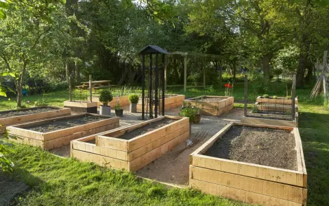 Flera nybyggda odlingslådor med botten står redo för plantering i en lummig trädgård.
